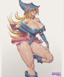 Rule 34 | 1girl, adapted costume, areola slip, arttoru, ass, bare legs, blonde hair, breasts, covered erect nipples, curvy, dark magician girl, duel monster, female focus, green eyes, hand on own hip, highres, large areolae, large breasts, leotard, magical girl, miniskirt, shiny skin, skirt, solo, wide hips, yu-gi-oh!, yu-gi-oh! duel monsters