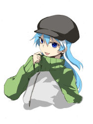 Rule 34 | 1girl, :p, androgynous, bad id, bad pixiv id, blue eyes, blue hair, flat cap, hat, highres, ikuhana niiro, jacket, long sleeves, looking at viewer, matching hair/eyes, simple background, solo, tongue, tongue out, track jacket, turtleneck, upper body, white background, zipper