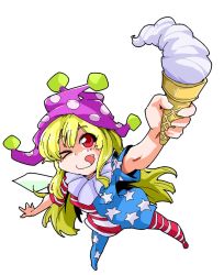 Rule 34 | 1girl, american flag dress, american flag legwear, american flag shirt, blonde hair, clownpiece, fairy wings, food, hat, highres, ice cream, ice cream cone, jester cap, long hair, one eye closed, pantyhose, red eyes, shinapuu, smile, soft serve, solo, star (symbol), striped clothes, striped pantyhose, tongue, tongue out, touhou, very long hair, wings