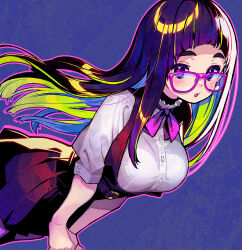 Rule 34 | 1girl, black skirt, blonde hair, blue background, blue hair, blush, breasts, commentary request, glasses, green hair, highres, large breasts, long hair, looking at viewer, multicolored hair, neck ribbon, onono imoko, original, pink-framed eyewear, pink ribbon, pleated skirt, purple hair, ribbon, shirt, skirt, solo, white shirt
