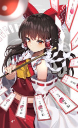 Rule 34 | absurdres, ascot, bow, brown hair, collar, detached sleeves, frilled bow, frilled hair tubes, frills, gohei, hair bow, hair tubes, hakurei reimu, highres, medium hair, nontraditional miko, red bow, red eyes, red shirt, red skirt, ribbon-trimmed sleeves, ribbon trim, shirt, sidelocks, skirt, skirt set, sleeveless, solo, touhou, white collar, yellow ascot, yin yang, yuujin (yuzinn333)
