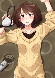 Rule 34 | 1girl, absurdres, alcohol, aran sweater, arms up, beer, beer can, blush, bra, brown eyes, brown hair, brown sweater, cable knit, can, collarbone, commentary request, drink can, earrings, hair between eyes, highres, holding, holding bra, holding clothes, holding underwear, jewelry, kapatarou, long sleeves, looking at viewer, lying, nose blush, on back, original, short hair, solo, spill, stud earrings, sweater, underwear, unworn bra, upper body, white bra