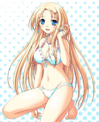 Rule 34 | 1girl, barefoot, bikini, blonde hair, blue eyes, blush, bra, breasts, carina verritti, cleavage, coupytwo, earrings, front-tie top, hair ornament, hairclip, jewelry, kneeling, large breasts, lingerie, long hair, necklace, panties, shukufuku no campanella, smile, solo, swimsuit, underwear, white bikini
