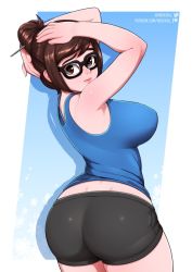 Rule 34 | 1girl, ass, bike shorts, black-framed eyewear, breasts, curvy, from behind, glasses, hair ornament, hairpin, large breasts, looking back, mei (overwatch), neocoill, overwatch, overwatch 1, solo, tank top, thick thighs, thighs
