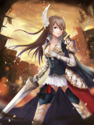 Rule 34 | 1girl, absurdres, armor, black cape, black thighhighs, blue eyes, braid, brown hair, brown sky, cape, castle, dew (7302235), dutch angle, gauntlets, greaves, head wings, highres, holding, holding sword, holding weapon, long hair, looking at viewer, md5 mismatch, original, outdoors, resolution mismatch, skirt, source smaller, standing, sword, thighhighs, tree, wall, weapon, white skirt, wings