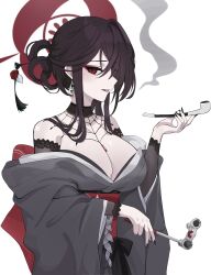 Rule 34 | 1girl, absurdres, black hair, black nails, blue archive, breasts, cleavage, eyeshadow, fingernails, grey kimono, hair ornament, hair stick, halo, highres, holding, holding smoking pipe, inapple, japanese clothes, kimono, kokuriko (blue archive), large breasts, lips, long hair, long sleeves, makeup, nail polish, obi, open mouth, red eyes, red eyeshadow, red halo, sash, simple background, smoking pipe, solo, upper body, white background, wide sleeves