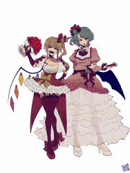 Rule 34 | 2girls, absurdres, adapted costume, alternate costume, angry, bat wings, blonde hair, blue hair, bouquet, bow, breasts, cleavage, collarbone, crystal, dress, fangs, flandre scarlet, flower, folded fan, folding fan, frills, full body, garter straps, hair bow, hair ribbon, hand fan, hat, hat ribbon, high collar, high heels, highres, holding, holding bouquet, long dress, long sleeves, medium hair, miniskirt, multicolored wings, multiple girls, no headwear, one side up, open mouth, pink dress, pointy ears, puffy short sleeves, puffy sleeves, red bow, red eyes, red ribbon, red skirt, remilia scarlet, ribbon, rose, see-through, sharp teeth, shirt, short hair, short sleeves, siblings, simple background, sisters, skirt, sokura (mochichitose), teeth, thighhighs, touhou, upper teeth only, white background, white shirt, wings, yellow bow