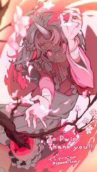 Rule 34 | 1girl, apron, blurry, blurry foreground, branch, character name, cherry blossoms, choker, closed mouth, commission, dress, english text, feet out of frame, hand up, heart, heart-shaped eyewear, highres, horns, indie virtual youtuber, long sleeves, looking at viewer, outstretched arm, pink dress, pink eyes, pink theme, pwin (vtuber), reaching, reaching towards viewer, short hair, signature, single horn, skeb commission, smile, solo, symbol-shaped pupils, twitter username, virtual youtuber, watermark, white-framed eyewear, white apron, white choker, white hair, white horns, zenmaibook