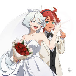 Rule 34 | 2girls, absurdres, ahoge, alternate costume, aqua eyes, armpits, bare arms, bare shoulders, black bow, black bowtie, blush, bouquet, bow, bowtie, breasts, collarbone, couple, crossdressing, dress, eyebrows hidden by hair, female focus, flower, formal, frown, grey eyes, gundam, gundam suisei no majo, hair between eyes, hair ribbon, hairband, hand up, happy, highres, holding, holding bouquet, jewelry, long dress, long hair, long sleeves, mian li, miorine rembran, multiple girls, neck, open mouth, ponytail, red hair, ribbon, ring, round teeth, signature, simple background, small breasts, smile, standing, strapless, strapless dress, suit, suletta mercury, sweatdrop, teeth, thick eyebrows, tuxedo, upper teeth only, wedding, wedding dress, wedding ring, white dress, white hair, wife and wife, yuri