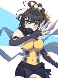 Rule 34 | 1girl, ahoge, bare shoulders, black hair, blonde hair, breasts, duel monster, elbow gloves, fingerless gloves, forehead protector, gloves, gradient hair, green eyes, highres, kunai, large breasts, multicolored hair, ponytail, s-force rappa chiyomaru, s:p little knight, scarf, sleeveless, solo, takkayuuki, weapon, yu-gi-oh!