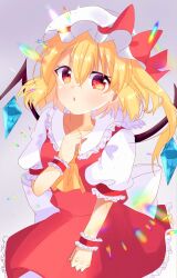 Rule 34 | 1girl, absurdres, ascot, back bow, blonde hair, bow, breasts, collarbone, collared shirt, cowboy shot, crystal, flandre scarlet, frilled shirt collar, frilled skirt, frilled sleeves, frills, gradient background, grey background, hair between eyes, hat, hat ribbon, head tilt, highres, huge bow, iris (airisu495), large bow, looking at viewer, medium hair, mob cap, one side up, open mouth, puffy short sleeves, puffy sleeves, red eyes, red ribbon, red skirt, red vest, ribbon, ribbon-trimmed headwear, ribbon trim, shirt, short sleeves, simple background, skirt, skirt set, sleeve ribbon, small breasts, solo, touhou, triangle mouth, vest, white hat, white shirt, wings, wrist cuffs, yellow ascot