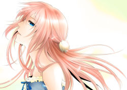 Rule 34 | 1girl, ayano (irodori), bad id, bad pixiv id, bare shoulders, blue dress, blue eyes, dress, female focus, frilled dress, frills, gradient background, hair ornament, half updo, head back, lips, long hair, looking at viewer, looking to the side, megurine luka, neck, parted lips, pink hair, ribbon, smile, solo, strapless, strapless dress, upper body, vocaloid, white background