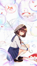 Rule 34 | 1girl, :o, absurdres, artist name, black footwear, blue neckerchief, blue skirt, brown hair, fish, from side, full body, goldfish, highres, holding, holding umbrella, kneehighs, koi, kumei, loafers, long sleeves, looking at viewer, looking to the side, medium skirt, neckerchief, original, parted lips, pink eyes, pleated skirt, red neckerchief, school of fish, school uniform, serafuku, shirt, shoes, short hair, skirt, socks, solo, squatting, transparent, transparent umbrella, umbrella, water, white shirt, white socks