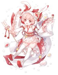 Rule 34 | 1girl, :o, animal hood, artist request, bob cut, daifuku, detached sleeves, dress, food, food fantasy, frills, full body, holding, hood, japanese clothes, kimono, layered dress, looking at viewer, name connection, obi, object namesake, official art, open mouth, pink hair, rabbit hood, red eyes, sandals, sash, short hair, solo, strawberry daifuku (food fantasy), symbol-shaped pupils, thighhighs, white dress, white kimono, white sleeves, white thighhighs, zettai ryouiki, zouri