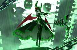 Rule 34 | 1girl, 32zzz, black dress, black horns, black rock shooter, black thighhighs, bow, chain, claws, dead master, dress, electricity, floating skull, frilled dress, frills, green dress, green eyes, green hair, hair bow, highres, holding, holding scythe, horns, red bow, red ribbon, red wings, ribbon, scythe, side slit, sidelocks, sleeveless, sleeveless dress, thighhighs, wings
