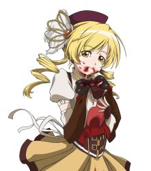 Rule 34 | 10s, 1girl, :t, belt, beret, blonde hair, blood, charlotte (madoka magica), corset, detached sleeves, dress, drill hair, eating, guro, hair ornament, hairpin, hat, headless, highres, long hair, magical girl, mahou shoujo madoka magica, mahou shoujo madoka magica (anime), mami mogu mogu, puffy sleeves, role reversal, simple background, spine, spoilers, tomoe mami, tomoe mami (magical girl), twintails, yellow eyes, zero gunsou