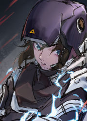 Rule 34 | 1girl, absurdres, animification, apex legends, armor, black gloves, black scarf, blue eyes, electricity, floating hair, gloves, grey background, helmet, highres, hz (megumi akira), looking to the side, parted lips, portrait, scarf, sketch, solo, v-shaped eyebrows, voidwalker wraith, wraith (apex legends)