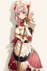 Rule 34 | 1girl, absurdres, armor, ascot, belt, blush, braid, breasts, cleavage, closed mouth, commentary request, cowboy shot, dress, flower, gauntlets, genshin impact, green eyes, hair flower, hair ornament, highres, holding, holding staff, huge filesize, layered dress, looking at viewer, medium breasts, multicolored clothes, multicolored dress, noelle (genshin impact), pauldrons, pink hair, red ascot, red flower, red rose, rose, short hair, shoulder armor, smile, solo, sora (men0105), staff, white headwear