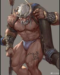 Rule 34 | 1boy, abs, arrow (projectile), bara, bow (weapon), bulge, carrying over shoulder, fake horns, feet out of frame, holding, holding bow (weapon), holding weapon, horned headwear, horns, huge weapon, large pectorals, male focus, mature male, muscular, muscular male, mustache, navel, nipples, old, old man, original, pectorals, short hair, shoulder tattoo, solo, stomach, strongman waist, tattoo, thick eyebrows, thick mustache, thick thighs, thighs, tooboshoo, topless male, weapon, white hair, white loincloth