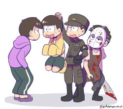 Rule 34 | 10s, 4boys, apron, armband, arms behind back, blood, blood on clothes, boots, brothers, carrying, dual persona, hands in pockets, heart, heart in mouth, highres, hockey mask, jitome, machete, male focus, mask, matsuno ichimatsu, matsuno jyushimatsu, messy hair, multiple boys, osomatsu-kun, osomatsu-san, osomatsu (series), pants, pina710, sandals, shorts, siblings, simple background, single vertical stripe, sleeves past wrists, slippers, slouching, smile, sweatdrop, torn clothes, track pants, twitter username, uniform, white background