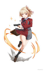 Rule 34 | 1girl, absurdres, aoba ao, bag, black socks, blonde hair, blue ribbon, collared shirt, commentary, dress, floating hair, full body, grey dress, gun, hair ribbon, highres, holding, holding bag, holding gun, holding weapon, kneehighs, long sleeves, looking at viewer, lycoris recoil, lycoris uniform, neck ribbon, nishikigi chisato, one side up, open mouth, red dress, red eyes, red ribbon, ribbon, shirt, simple background, smoke, socks, solo, sparkle, tachi-e, two-tone dress, weapon, white background, white shirt