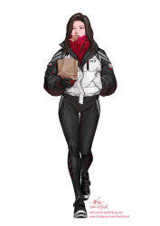 Rule 34 | 1girl, american flag, artist name, bag, black gloves, black pants, brown eyes, brown hair, commentary, drawing, english commentary, food in mouth, forehead, full body, gloves, hand in pocket, holding, holding bag, in-hyuk lee, instagram username, jacket, korea, long sleeves, looking to the side, marvel, open clothes, open jacket, pants, paper bag, parted bangs, puffy long sleeves, puffy sleeves, shoes, signature, silk, silk (marvel), simple background, sneakers, solo, spider-man, standing, standing on one leg, thigh gap, walking, watermark, web address, western comics (style), white background