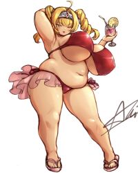 Rule 34 | 1girl, 4545akichan, ahoge, arm behind head, armpits, arms up, bikini, bikini skirt, blonde hair, blush, breasts, cocktail glass, cup, drill hair, drinking glass, fat, full body, green eyes, huge breasts, long hair, looking at viewer, one eye closed, open mouth, original, plump, sandals, side-tie bikini bottom, smile, solo, standing, straw, swimsuit, thick thighs, thighs, tiara, twin drills, twintails, wide hips