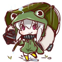 Rule 34 | 10s, 1girl, abyssal ship, alternate costume, blush, boots, chibi, frog raincoat, grass, highres, hood, kantai collection, leaf umbrella, nuu (nu-nyu), puddle, purple eyes, rain, re-class battleship, rubber boots, short hair, silver hair, smile, stone, tail, water