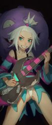 Rule 34 | 1girl, absurdres, blue dress, body freckles, creatures (company), dress, electric guitar, freckles, game freak, gen 1 pokemon, green eyes, grin, guitar, highres, holding, holding plectrum, instrument, koffing, looking at viewer, mossacannibalis, nintendo, panties, pantyshot, pink dress, plectrum, pokemon, pokemon bw2, roxie (pokemon), short dress, smile, solo, striped clothes, striped dress, topknot, two-tone dress, underwear, white hair, white panties