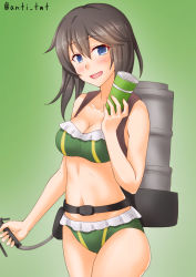 Rule 34 | 1girl, anti (untea9), bikini, black hair, breasts, collarbone, cup, gradient background, green background, green bikini, grey eyes, hair between eyes, hayasui (kancolle), highres, holding, holding cup, kantai collection, looking at viewer, medium breasts, navel, open mouth, short hair, smile, solo, swimsuit, twitter username