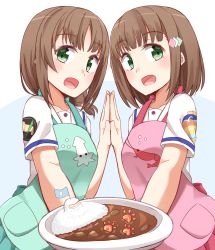 Rule 34 | 2girls, :d, absurdres, apron, bad id, bad pixiv id, blush, brown hair, collarbone, curry, curry rice, flag, food, green apron, green eyes, green skirt, hair ornament, high school fleet, highres, holding, holding hands, holding plate, kapatarou, kinesaki akane, kinesaki homare, low ponytail, multiple girls, open mouth, pink apron, pink skirt, plate, pleated skirt, rice, school uniform, serafuku, shirt, short sleeves, siblings, sisters, skirt, smile, twins, white shirt
