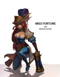 Rule 34 | 1girl, belt, blue eyes, braid, breasts, captain fortune, cleavage, full body, gun, hair over shoulder, hat, highres, large breasts, league of legends, long hair, pirate, pirate hat, red hair, miss fortune (league of legends), single braid, solo, weapon