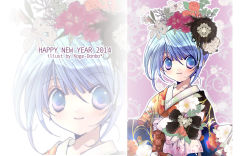 Rule 34 | 10s, 1girl, 2014, bad id, bad pixiv id, blue eyes, blue hair, flower, flower on head, hair ornament, happy new year, highres, japanese clothes, kimono, koge donbo, looking at viewer, matching hair/eyes, new year, original, smile, solo, zoom layer