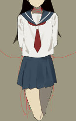 Rule 34 | 1girl, arms behind back, bare legs, beige background, black hair, blouse, blue sailor collar, blue skirt, clays, closed mouth, commentary, cropped legs, english commentary, facing viewer, feet out of frame, flat chest, head out of frame, kitsu chiri, legs together, long hair, long sleeves, necktie, no nose, pleated skirt, red necktie, sailor collar, sayonara zetsubou sensei, school uniform, shirt, simple background, skirt, smile, solo, straight hair, string, string around neck, string of fate, white shirt