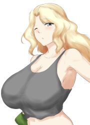 Rule 34 | 1girl, armpits, blonde hair, blue eyes, blush, breasts, cleavage, crop top, girls und panzer, highres, huge breasts, iwanishi, kay (girls und panzer), long hair, looking at viewer, midriff, one eye closed, open mouth, solo