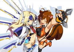 Rule 34 | 2girls, :&lt;, ;3, ;d, ahoge, animal ears, antenna hair, arm up, armor, armpits, asymmetrical docking, black gloves, black legwear, blazblue, blazblue: chronophantasma, blonde hair, blue eyes, blush, boots, breast press, breasts, brown hair, buckle, clenched hand, cowboy shot, crop top, crotch plate, elbow gloves, fingerless gloves, floating hair, forehead protector, from above, from side, gloves, gradient background, knee boots, large breasts, long hair, looking at viewer, makoto nanaya, mecha musume, mechanical wings, midriff, miniskirt, mu-12, multicolored hair, multiple girls, navel, necktie, neon trim, official art, one eye closed, open mouth, orange eyes, outline, raised fist, robot ears, shadow, short hair, side slit, skirt, sleeveless, small breasts, smile, squirrel ears, squirrel tail, standing, standing on one leg, tail, takeda hiromitsu, thighhighs, turtleneck, two-tone hair, underboob, very long hair, white background, white hair, wings