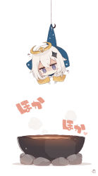 Rule 34 | 1girl, blue eyes, blush stickers, chibi, commentary request, dress, emergency food, fairy, fishing hook, full body, genshin impact, hair between eyes, hair ornament, halo, heart, highres, long sleeves, looking down, muuran, paimon (genshin impact), pot, rock, sidelocks, signature, simple background, solo, sound effects, steam, white background, white dress, white hair