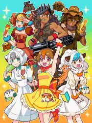 Rule 34 | 6+girls, abbey (pui pui molcar), animal ears, arm up, artist name, blue eyes, bob cut, boots, bow, brown dress, carrot, cat, choco (pui pui molcar), commentary request, dark-skinned female, dark skin, detached sleeves, dress, flower, food, food on face, fur collar, gradient background, guinea pig ears, gun, hair flower, hair ornament, highres, lettuce, long hair, looking at viewer, map, medal, molcar, momoyama aoi, morumi, multicolored hair, multiple girls, muscular, necktie, open mouth, orange bow, orange footwear, personification, pinafore dress, ponytwil, potato (pui pui molcar), puffy short sleeves, puffy sleeves, pui pui molcar, shiromo (pui pui molcar), shirt, short sleeves, sleeveless, sleeveless dress, sleeveless shirt, smile, sparkle, teddy (pui pui molcar), teeth, treasure molcar, twintails, two-tone hair, upper teeth only, v, wand, weapon, yellow dress