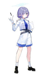 Rule 34 | 1girl, absurdres, akihoop, alternate eye color, ankle socks, aoi (blue archive), bare legs, belt, black belt, black footwear, blue archive, blue halo, blue necktie, buttons, chess piece, collared shirt, cropped jacket, double-breasted, epaulettes, floating, full body, gloves, gradient eyes, halo, hand up, high-waist shorts, highres, holding, holding paper, jacket, looking at viewer, mole, mole under eye, multicolored eyes, necktie, open mouth, paper, platform footwear, pointy ears, purple eyes, purple hair, shirt, shoes, short hair, shorts, sidelocks, simple background, slit pupils, socks, standing, white background, white gloves, white jacket, white shirt, white shorts, white socks