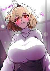 1girl absurdres antenna_hair arcueid_brunestud blonde_hair blush breasts english_text from_below fukou highres indoors jewelry large_breasts looking_at_viewer looking_down pendant pov red_eyes short_hair solo sweater tsukihime tsukihime_(remake) white_sweater