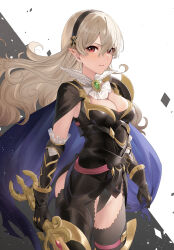 Rule 34 | 1girl, armor, black hairband, black panties, breasts, cape, cleavage, corrin (female) (fire emblem), corrin (fire emblem), fire emblem, fire emblem fates, fire emblem heroes, hair between eyes, hair ornament, hairband, haru (nakajou-28), highres, leotard, long hair, medium breasts, nintendo, official alternate costume, panties, pointy ears, red eyes, revealing clothes, simple background, solo, torn cape, torn clothes, underwear, weapon, white hair