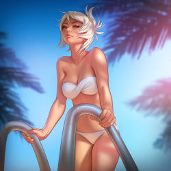 Rule 34 | 1girl, bandeau, bare arms, bare legs, bare shoulders, bikini, blue sky, breasts, brown eyes, cleavage, collarbone, day, female focus, folded ponytail, ladder, league of legends, legs, lips, looking at viewer, medium breasts, navel, neck, palm tree, pool, pool ladder, riven (league of legends), short hair, sky, solo, stomach, strapless, strapless bikini, sunlight, swimsuit, tree, tsuaii, tube top, white bikini, white hair