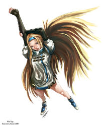Rule 34 | 1girl, arc system works, blonde hair, blue eyes, female focus, from above, full body, guilty gear, headband, long hair, millia rage, shonensan, simple background, solo, standing, stretching, very long hair, white background