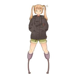 Rule 34 | 1girl, amputee, black jacket, brown hair, closed mouth, double amputee, full body, green eyes, green shorts, hair bobbles, hair ornament, hands in pockets, highres, ibarazaki emi, jacket, katawa shoujo, long hair, prosthesis, shorts, simple background, solo, standing, twintails, white background, zlix0n