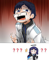 Rule 34 | 1boy, 1girl, 2koma, :d, :o, ?, ??, black eyes, black gloves, black hair, black jacket, blazer, blue archive, c/h, coat, collared shirt, comic, commentary, confused, crying, crying with eyes open, english commentary, flower, glasses, gloves, hair flower, hair ornament, halo, highres, jacket, korean commentary, lanyard, long hair, mixed-language commentary, necktie, open clothes, open coat, open mouth, parted bangs, purple hair, sad, school uniform, sensei (blue archive), shirt, sidelocks, silent comic, smile, snot, streaming tears, surprised, sweatdrop, tears, two side up, white coat, yuuka (blue archive)