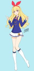 Rule 34 | 1girl, :d, aikatsu!, aikatsu! (series), blonde hair, blue background, blue jacket, boots, character name, clenched hand, commentary request, dated, full body, hairband, highres, hoshimiya ichigo, index finger raised, jacket, knee boots, knees together feet apart, long hair, long sleeves, looking at viewer, ooyari ashito, open mouth, pleated skirt, red eyes, school uniform, simple background, skirt, smile, solo, standing, standing on one leg, white footwear
