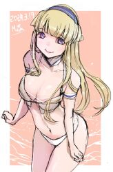 Rule 34 | 1girl, artist name, bikini, blonde hair, blue hairband, breasts, cleavage, cowboy shot, dated, double bun, fletcher (kancolle), hair bun, hairband, highres, kantai collection, large breasts, long hair, n-mori, navel, official alternate costume, one-hour drawing challenge, pink background, purple eyes, smile, solo, swimsuit, two-tone background, white bikini
