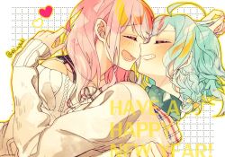Rule 34 | 2girls, ahoge, aqua hair, bang dream!, blush, bow, braid, clenched hands, closed eyes, commentary request, english text, face-to-face, grid background, grin, hair bow, happy new year, heart, highres, hikawa hina, hug, long sleeves, maruyama aya, medium hair, multiple girls, new year, open mouth, outline, pink hair, shino yuki, short hair, side braids, smile, sweater, twitter username, upper body, white sweater, yellow bow, yellow outline, yuri