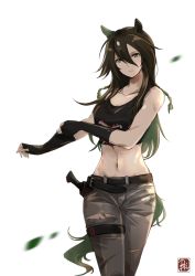 Rule 34 | 1girl, absurdres, animal ears, arknights, bare shoulders, belt, black gloves, black shirt, breasts, brown hair, closed mouth, collarbone, commentary, cowboy shot, crop top, ezraqi, fingerless gloves, gloves, green eyes, hair between eyes, highres, hip focus, horse ears, horse tail, long hair, looking at viewer, meteor (arknights), midriff, navel, pants, shirt, simple background, sleeveless, sleeveless shirt, small breasts, solo, standing, stomach, tail, tank top, torn clothes, torn pants, white background