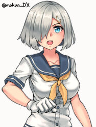 Rule 34 | 1girl, blue eyes, breasts, clenched hand, commentary request, gloves, grey hair, hair ornament, hair over one eye, hairclip, hamakaze (kancolle), highres, kantai collection, looking at viewer, maakun (makun dx), medium breasts, neckerchief, one-hour drawing challenge, open mouth, sailor collar, shirt, short hair, short sleeves, simple background, solo, teeth, twitter username, upper body, upper teeth only, white background, white gloves, white shirt, yellow neckerchief